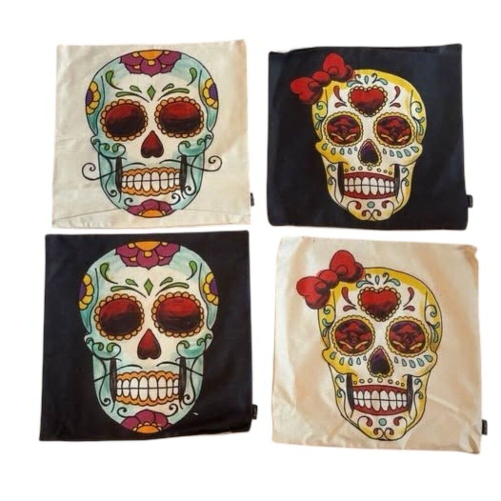 4 18” Sugar Skull Pillow Covers - Dia de los Muertos